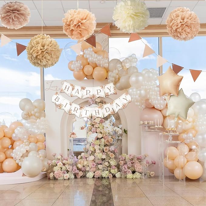 Birthday Decorations for Women - Beige Cream Neutral Balloons, Happy Birthday Decorations, Boho Party Banner