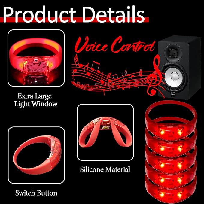 24 Pcs LED Glow Bracelets Sound Activated Bracelet Glow Bracelets with Flashing LED Strobe for Carnival,Concerts , Night Events, Rave, Game Prizes, Birthday Party Favor, New Year's Eve Gift (red)