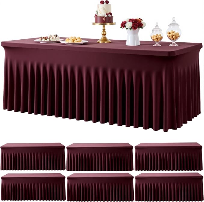 Outpain 6ft Spandex Table Cloth for Standard Folding Tables-6Pack Burgundy Table Cloth Table Protector for Party, Wedding, Cocktail, Banquet, Festival