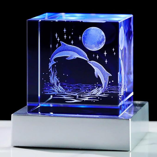 YWHL 3D Laser Engraving Crystal Dolphin Gifts for Women, Decorative Dolphin Figurines with Colorful Light Base, Statue for Home Party Decor