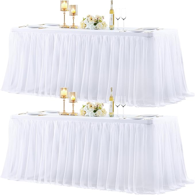 2 Pack White Table Cloth for 6 Foot Rectangle Tables, White Stretch Fitted Tulle Table Covers Skirt, Rectangular Ruffle Tutu Tablecloth Wedding Banquet Baby Shower Cake Tablecloths Decorations
