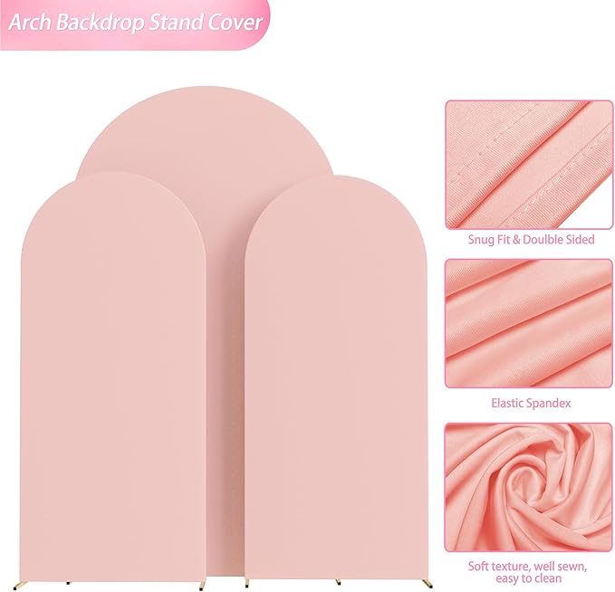 Wokceer Wedding Arch Backdrop Cover 7.2FT, 6FT, 6FT Spandex Set of 3 Wedding Arch Stand Covers Round Top Chiara Backdrop Stands Cover for Birthday Party Ceremony Banquet Decor Pale Pink