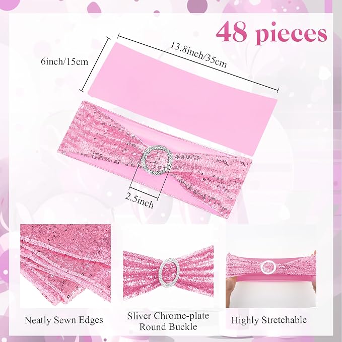 Newwiee 54 Pcs Pink Sequin Chair Sashes and Table Runners, 48 Sequin Chair Bows, 6 Glitter Table Runners for Birthday Party Wedding Banquet Holiday Decorations