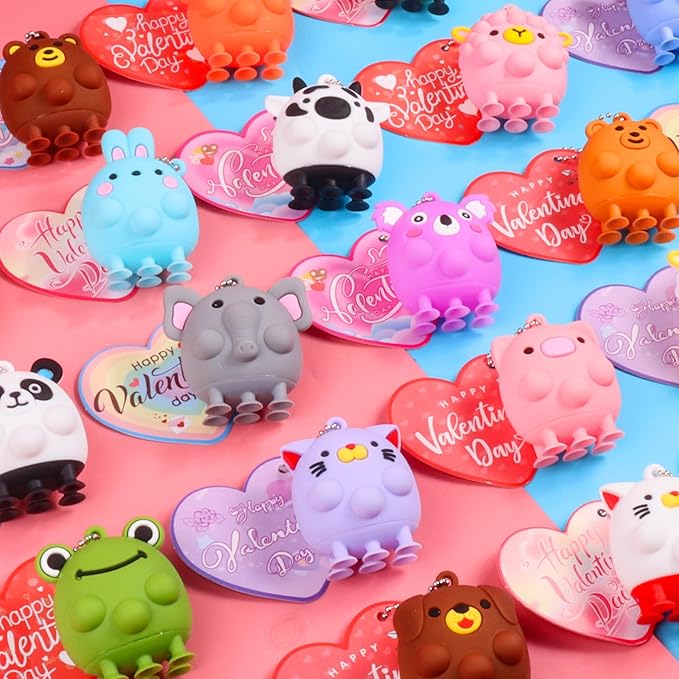 Valentines Day Cards for Kids School , 24PCS Animal Pop Suction Toys with Valentines Cards for Kids Classroom, Valentines Party Favors for Boys Girls