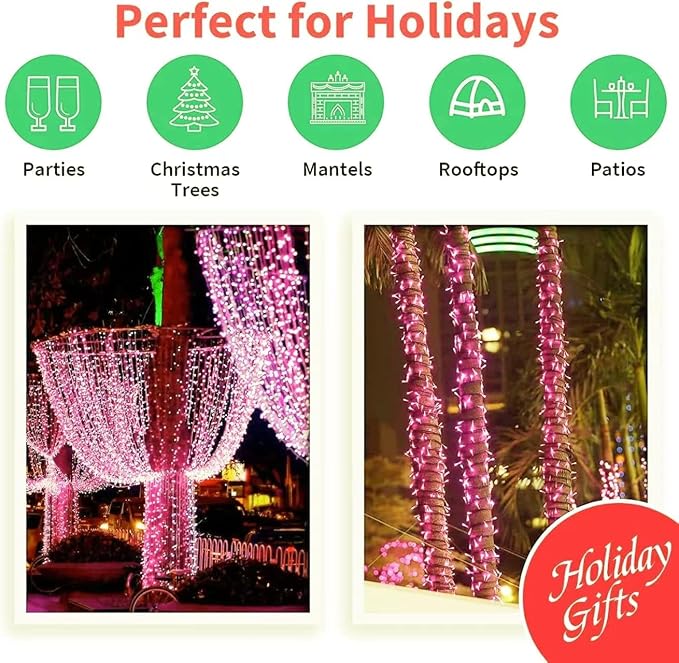 LAMPHOME 200 LED Pink Valentine Lights, 66ft 16 Modes Valentine Room Lights Clear Wire,Connectable Plug in Pink Christmas String Light Indoor Outdoor for Christmas Bedroom Valentines Party