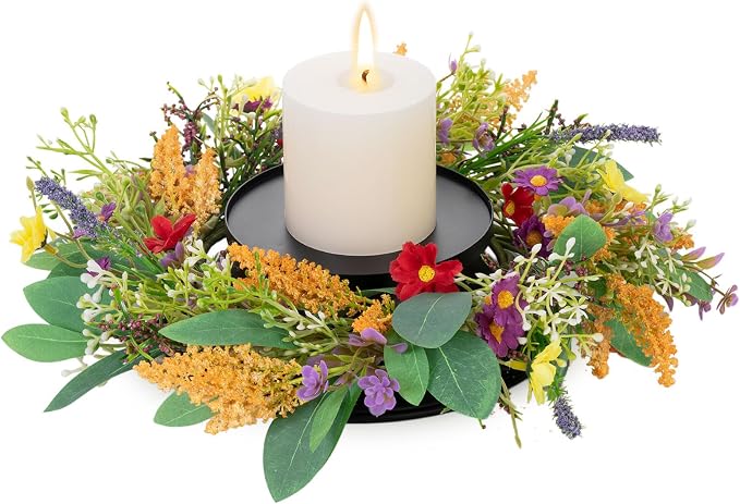 MOYEE Summer Centerpieces for Tables Candle Ring, Black Metal Candlestick with an Artificial Wreaths 14 in Versatile Dining Table Centerpiece Decor (Golden Wheat Ear Wreath)