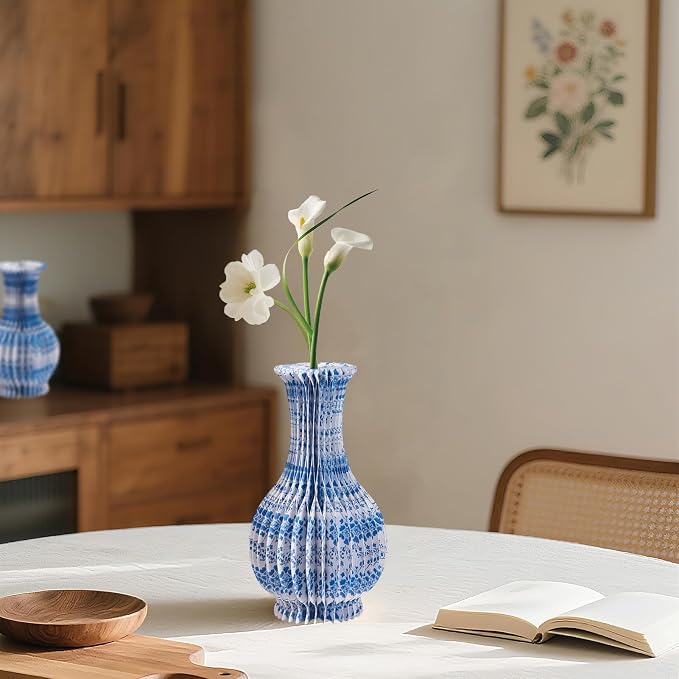 SUNBEAUTY 3 Pcs Blue and White Paper Honeycomb Vases, Mini Chinoiserie Vintage Paper Vase Set with Magnetic Closure, Chinese Style Table Centerpieces for Wedding,Baby Shower, Home & Party Decor