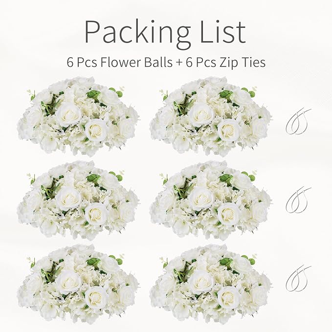 White Flowers Balls for Centerpieces: 6 PCS 15.7" Diam Flower Centerpieces for Tables in Wedding Reception Decorations Arrangement for Party Celebration Planners
