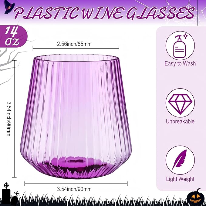 Suclain 50 Pcs Plastic Wine Glasses Ribbed Stemless Wine Glasses 14oz Vertical Design Unbreakable Cups for Outdoor Indoor Vintage Elegant Champagne Whiskey Cups for Party Wedding (Purple)
