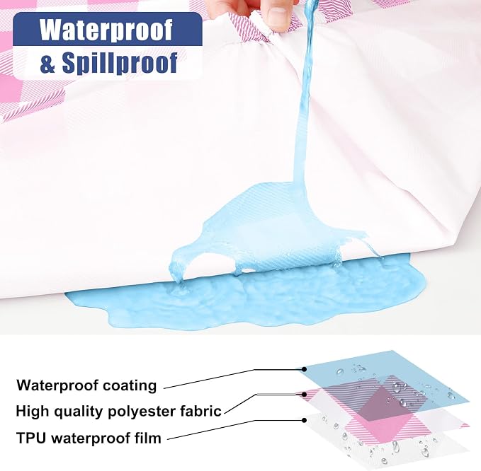 Smiry Picnic Table Cloth 4 Pack, Waterproof Elastic Fitted Tablecloths for 8FT Rectangle Tables, Washable Polyester Buffalo Plaid Tablecloth for Camping, Dining & Outdoor (Pink & White, 30" x 96")