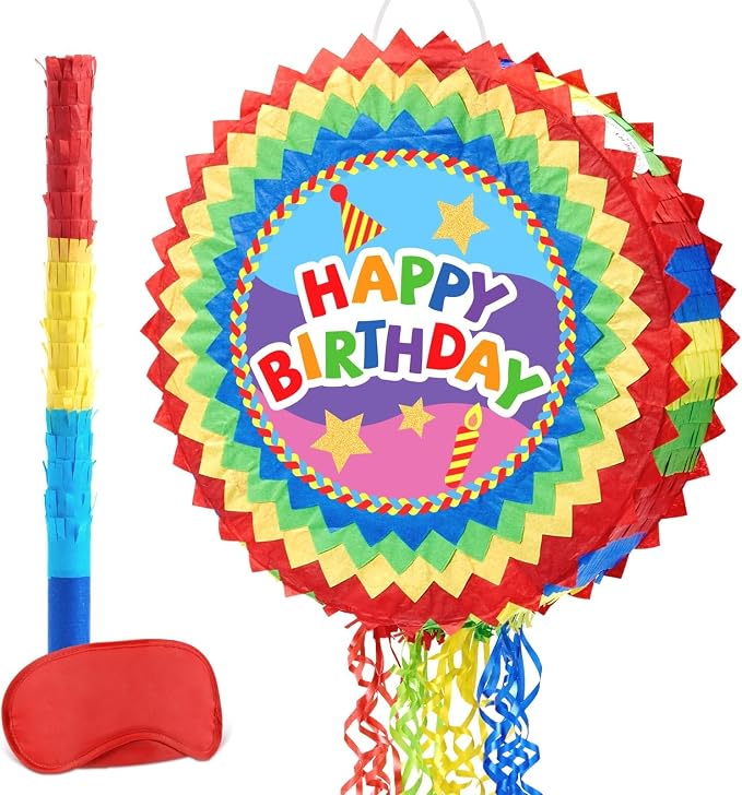 WERNNSAI Happy Birthday Piñata - Happy Birthday Party Games for Kids Birthday-themed Party Supplies Sunflower Party Decorations Mexican Color Design Sunshine Decor Favors with Stick & Blindfold