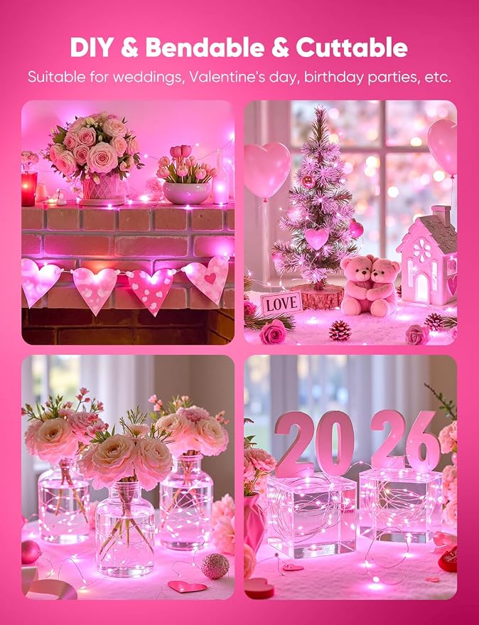 Brightown Valentine's Day 12 Pack Pink Led Fairy Lights Battery Operated String Lights Waterproof Silver Wire 7 Feet 20 Led Firefly Starry Moon Lights for DIY Wedding Party Bedroom