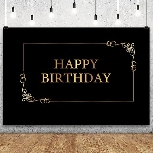 YongFoto Happy Birthday Backdrop 8x6.5ft Royal Black Gold Nordic Style Photography Background Kids Adult Birthday Party Cake Table Banner Decorations Photoshoot Portraits Photo Studio Booth Props