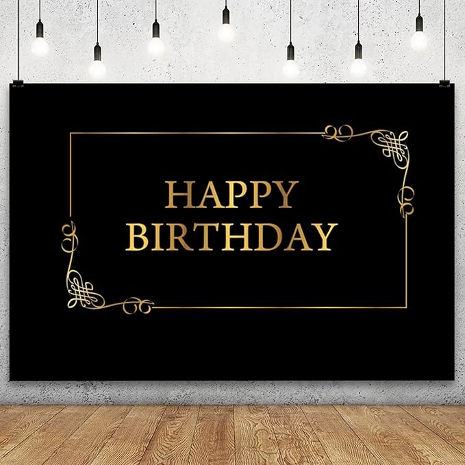 YongFoto Happy Birthday Backdrop 10x8ft Royal Black Gold Nordic Style Photography Background Kids Adult Birthday Party Cake Table Banner Decorations Photoshoot Portraits Photo Studio Booth Props