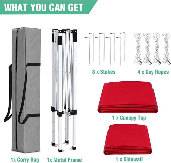 5x5 Pop Up Canopy Tent with One Sidewall, Instant Portable Beach Canopy, Outdoor Tent with Carry Bag for Camping, Sports, Tailgating, Events, Red