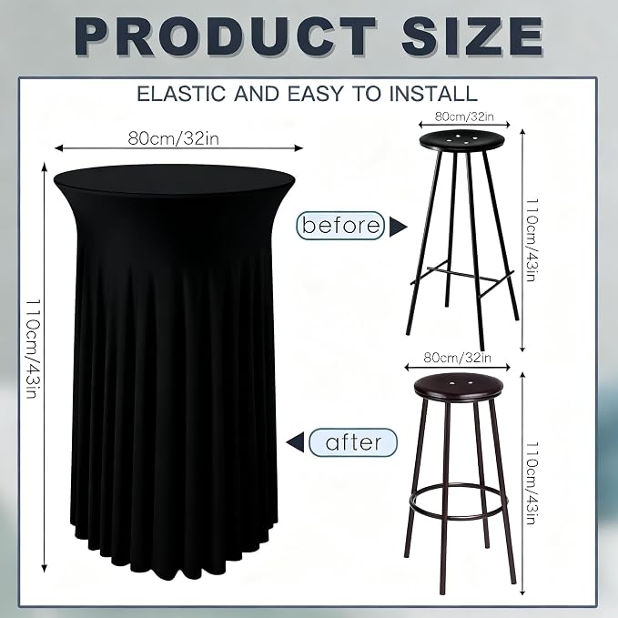 6 Pcs Black Spandex Stretch Round Cocktail Table Skirt, 32x43 Inch High Top Table Covers, Fitted Table Cloths for Wedding, Bar, Banquet, Party Decor & Event Supplies