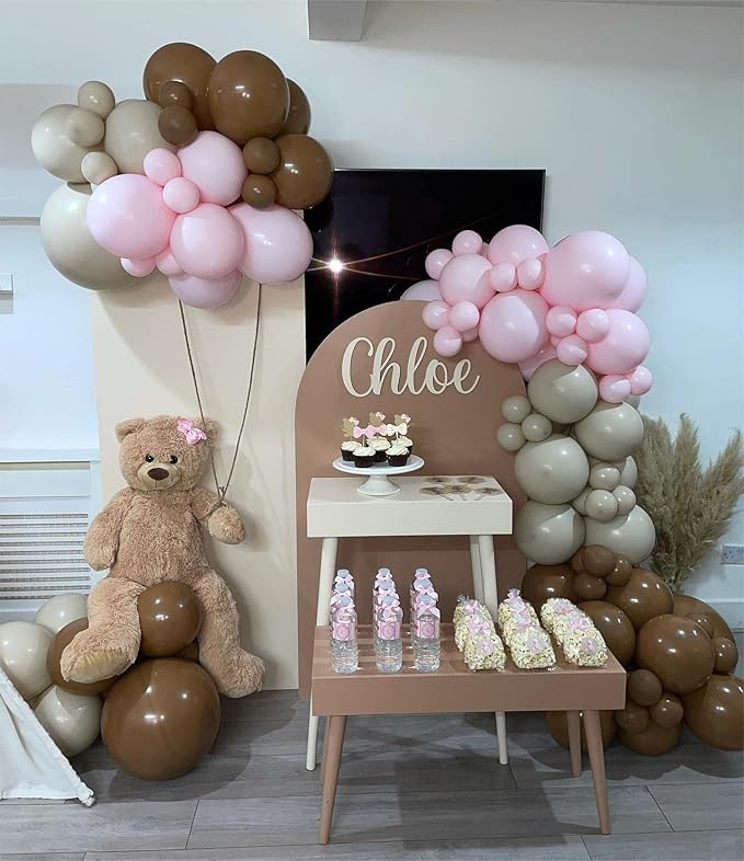 Light Pink Balloons Garland Arch Kit Double Stuffed Matte Pastel Pink Brown Cream Peach Latex Balloon Different Sizes 18 12 10 5In Coffee Ballon for Baby Shower Gender Reveal Birthday Party Decoration