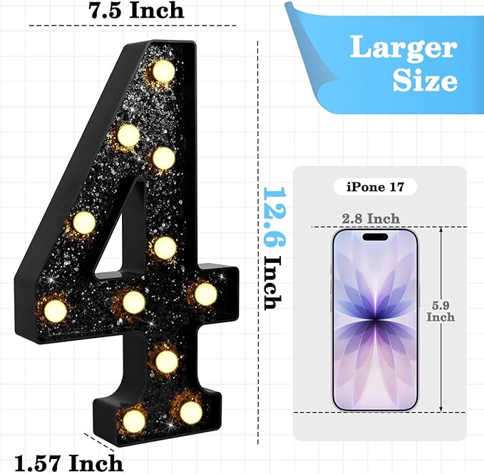 12.6 Inch LED Black Marquee Light Up Numbers, 4th Birthday Decorations Number Lights as Gifts for Girls Boys, Glitter Lighted Marquee Numbers for Black Anniversary Party Table Decor, 4