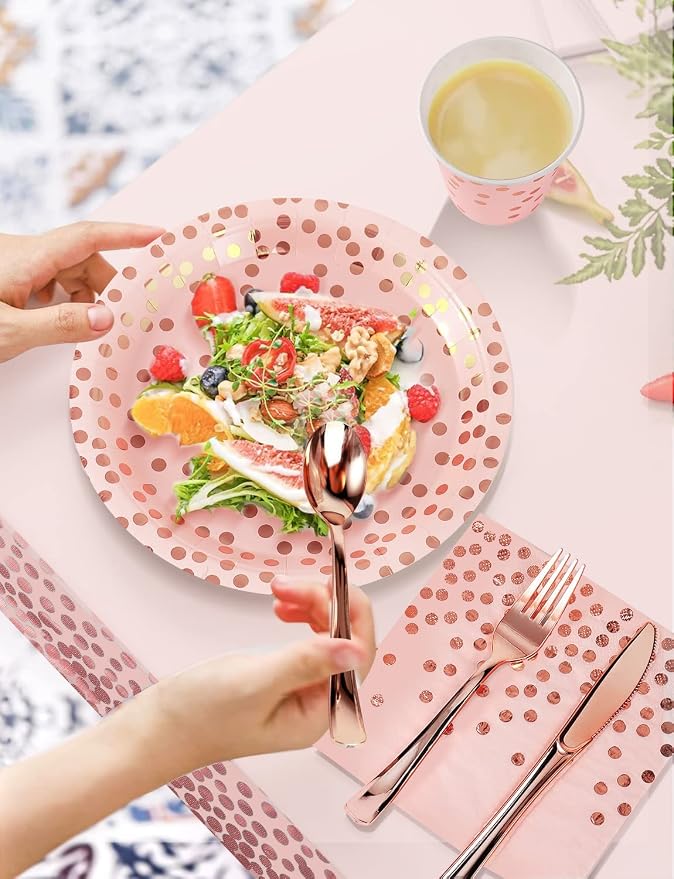 Nkaiso 141 Pieces Pink and Rose Gold Party Supplies, Disposable Party Decorations Sets Include Paper Plates Napkins Cups, Plastic Forks Knives Spoons, for Baby Shower Birthday Wedding -20 Guests