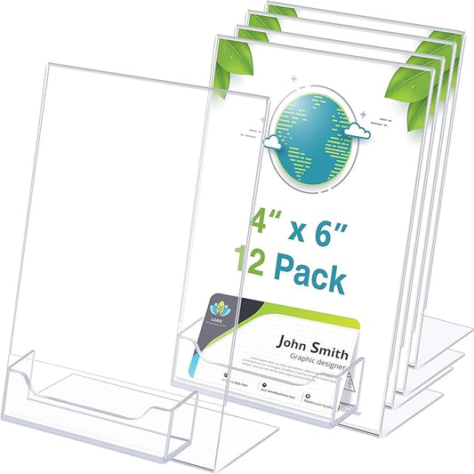 Remerry 12 Pcs Acrylic Sign Holder with Business Card Holder Slanted Paper Stand Clear Brochure Display Stand Heavy Duty Plastic Signs for Office Table Advertisement Flyer (4 x 6 Inch)