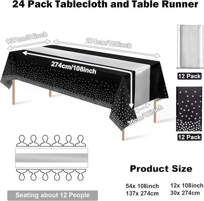 24Pack Disposable Plastic Tablecloths and Satin Table Runner Set Black and Silver Dot Tablecloth Silver Satin Table Runner for Wedding Birthday Baby Shower Anniversary Christmas New Year Party Supply