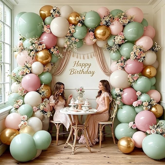 Dusty Green Pink Balloon Arch Double Stuffed Pastel Baby Pink Light Green White Cream Balloon Metallic Gold Latex Balloons for Baby in Bloom Birthday Bridal Shower Wedding Party Decorations