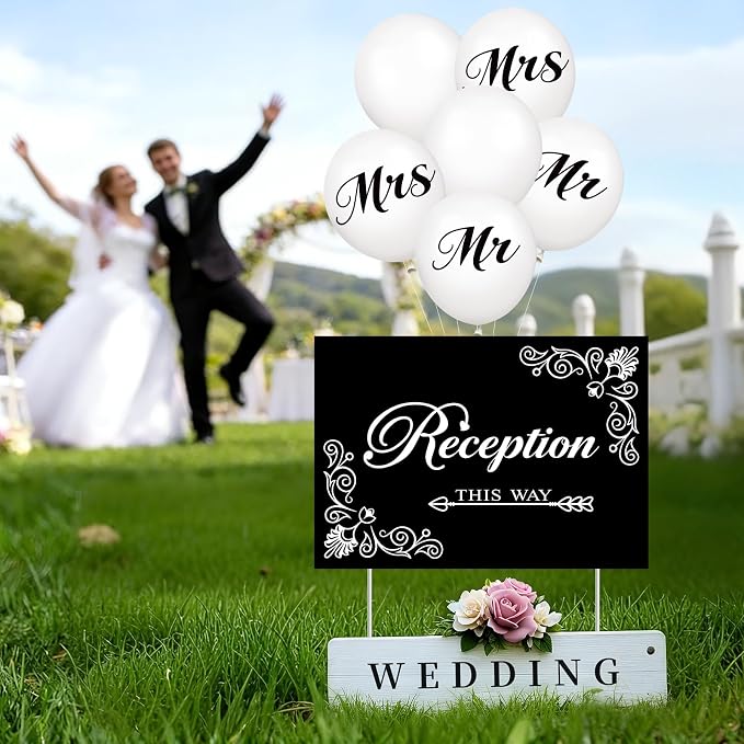 2 Pcs Wedding Reception Signs with 6 White Balloons, Set of 2 Double-Sided Directional Arrow Yard Signs with Metal Stakes, Waterproof Plastic Outdoor Decor Kit for Ceremony and Parking
