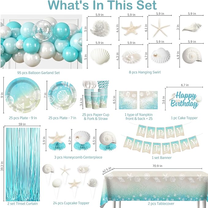 cocomigo 299pcs Beach Birthday Party Decorations Serves 25 Guests, Worry-free One-stop Set, with Balloons Arch, Banner Thick Plates and Cupcake Toppers, Easy Setup for Ocean-Themed Party
