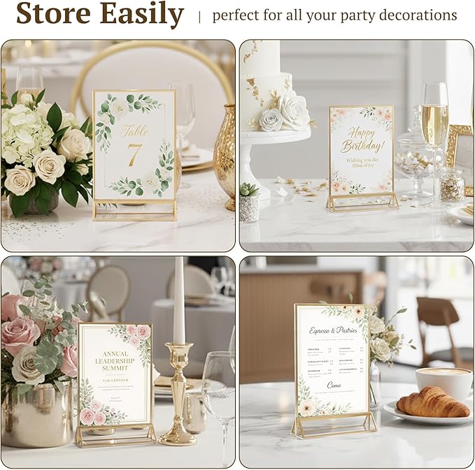 EHWINE 6 Pack Acrylic Sign Holder 4 x 6, Double Sided Gold Picture Frame Stand up Table Top Sign Holders, Clear Display Stand Menu Flyer Holder for Wedding Party