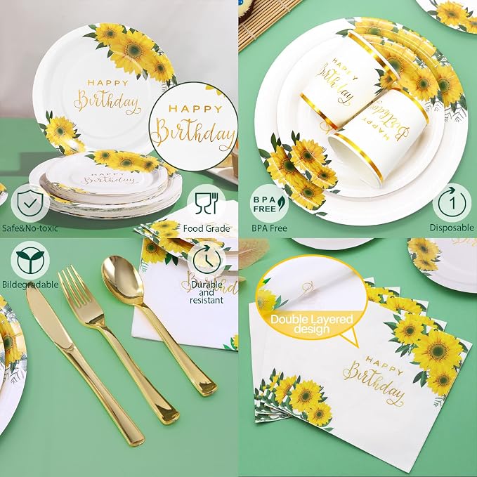 168Pcs Sunflower Birthday Decorations for Women Girls, Happy Birthday Plates and Napkins for Women, Sunflower Plates Serve 24, Yellow Party, Spring Summer Fall Easter Mothers Day