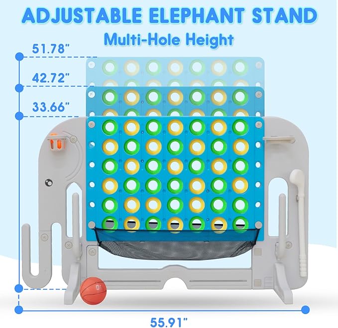 Giant 4 in a Row Connect Game, Adjustable Height (2.6FT-4.3FT) Jumbo 4-to-Score Yard Game Set with Basketball, Golf & Ring Toss, Elephant Design Outdoor Indoor Family Yard Party Game for Kids & Adults