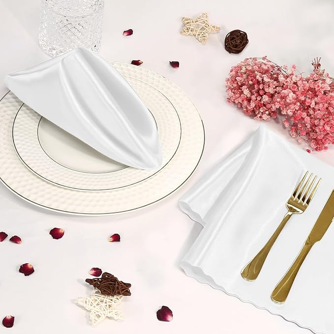 60 Pieces White Satin Napkins 20x20 Inches Satin Cloth Napkins, Square Satin Napkins with Scalloped Edges, Elegant & Silky Table Napkins for Restaurant Banquet Wedding
