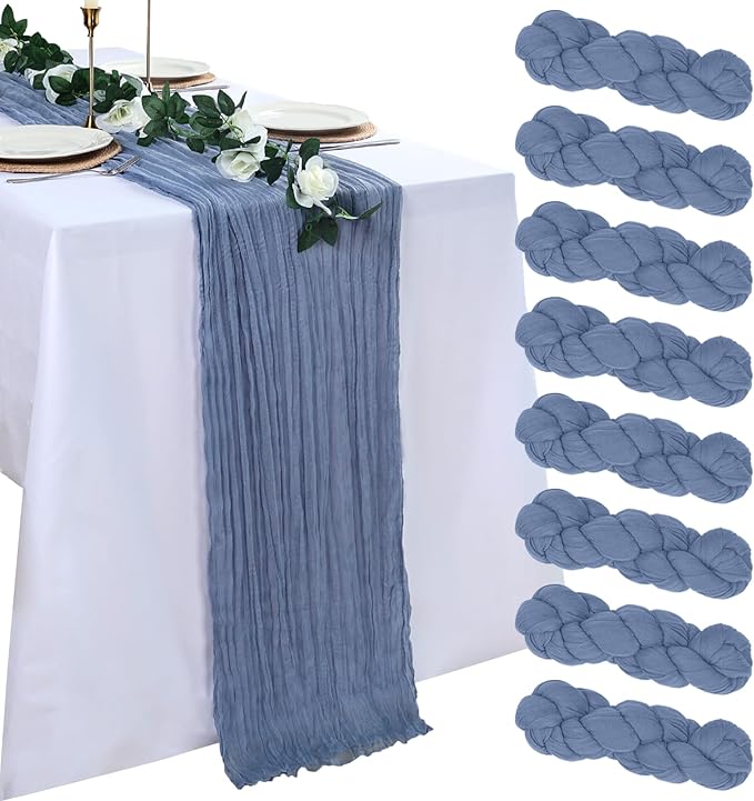 8 Pack Dusty Blue Cheesecloth Table Runner 10ft Boho Gauze 120 Inch Cheese Cloth Table Runner Rustic Sheer for Spring Holiday Baby Shower Party Décor Home Wedding Decoration