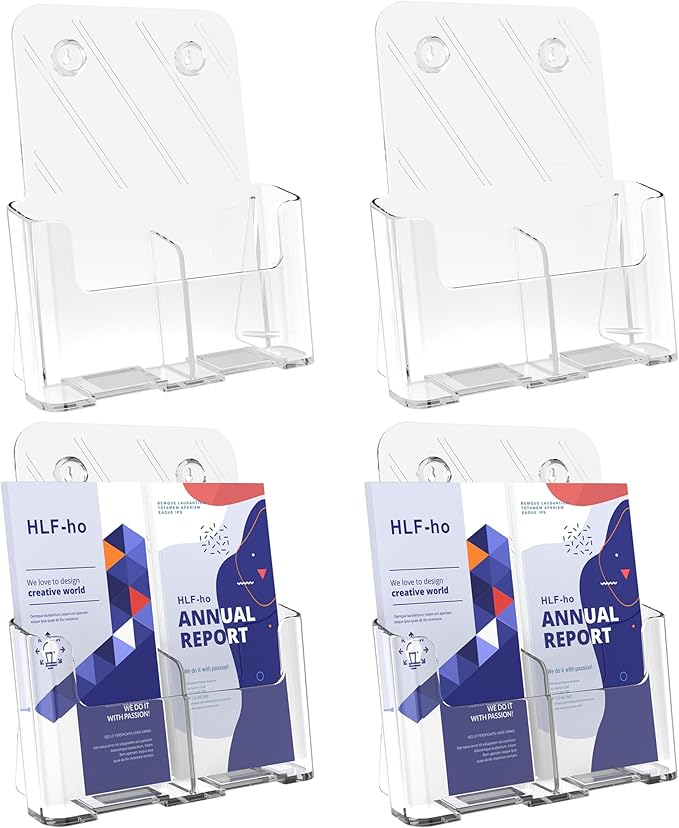 Brochure Holder 8.5x11 Inch Acrylic Literature Holders with Removable Divider for 4x9 inch Clear Pamphlet Display Stand Countertop Use or Wall Mount for Office, Lobby, Hotel, Trade Show, 4 Pack