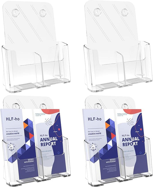 Brochure Holder 8.5x11 Inch Acrylic Literature Holders with Removable Divider for 4x9 inch Clear Pamphlet Display Stand Countertop Use or Wall Mount for Office, Lobby, Hotel, Trade Show, 4 Pack