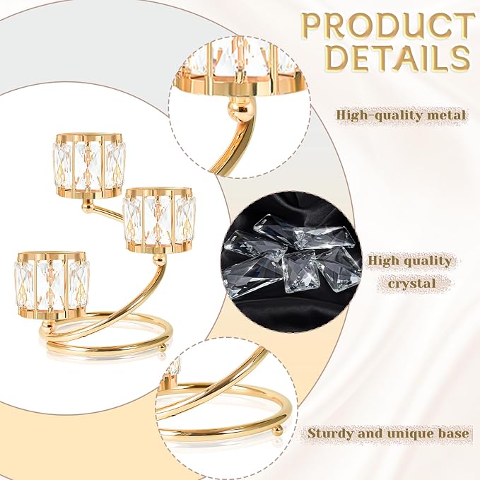 Metal 3 Arm Crystal Candle Holder - Tea Light Centerpiece Candle Holder, Votive Holder with Sparkling Crystal Bowl, Suitable for Wedding, Table Centerpiece, Home Decor (2, 3 arm-Gold)