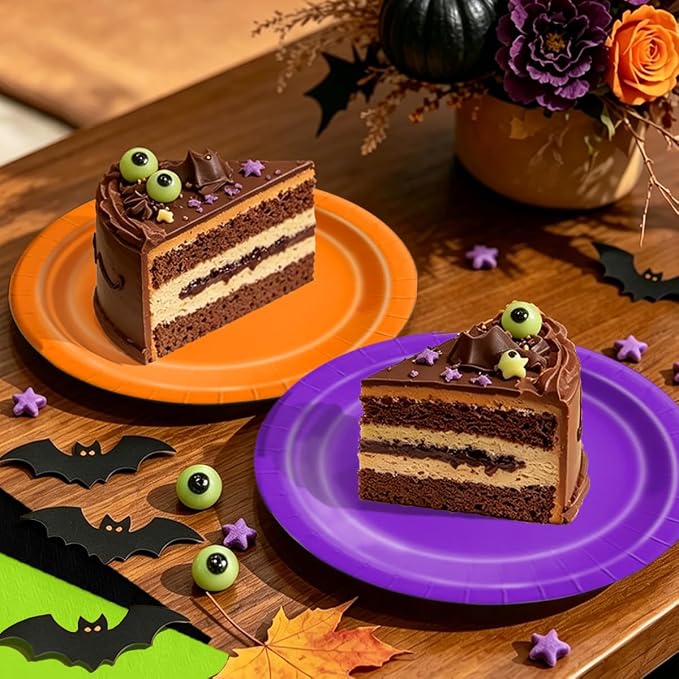 CMUSKO 60pcs Halloween Plates and Napkins - Black Orange Green Purple Tableware for Halloween Birthday Baby Shower Decorations