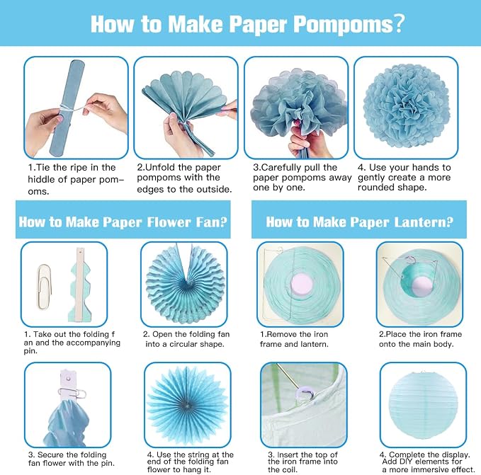 Baby Shower Decorations Kit, Welcome Baby Banner with Dusty Blue Paper Lanterns, Tissue Pom Poms, Honeycomb Balls, Clothes Banner Garland for Boho Baby Boy Shower Party Decorations