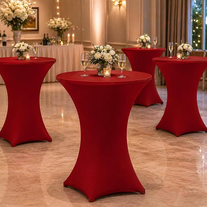 Cocktail Table Covers - 2 Pack 32x43 Inch Table Cloth - Red Fitted Stretch Spandex Round High Top Tablecloth for Party, Bar, Birthday, Pub, Banquet