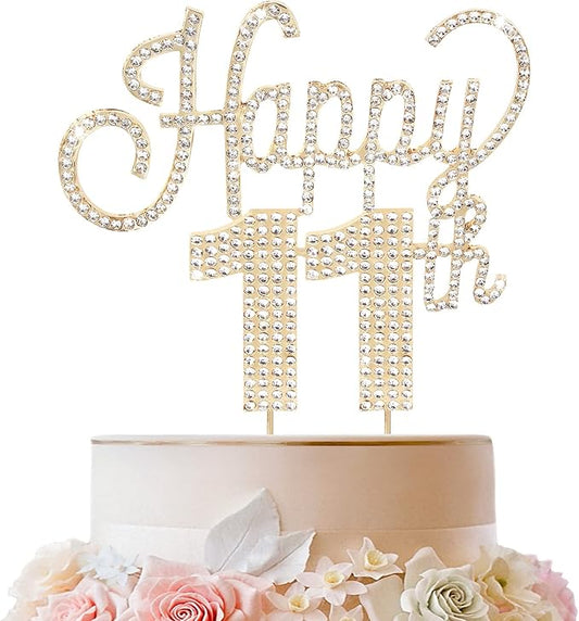 LINGTEER Happy 11th Birthday Gold Rhinestone Cake Topper Cheers to 11th Birthday Eleven Years Old Party Cake Centerpieces Topper Decorations Gift Sign.