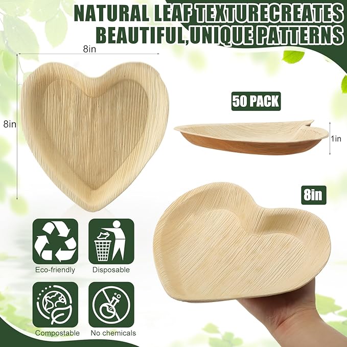 50 Pcs Heart Shaped Palm Leaf Plates, Disposable Compostable Plates, Bamboo Like Charcuterie Boards for Wedding, Party, Catering, Camping, Events and Daily Use(8 Inches)