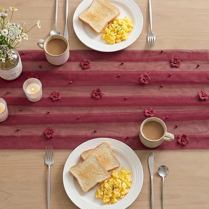 Artoid Mode Burgundy Flower Pearl Burgundy Gauze Table Runner 10FT, Seasonal Sheer Dining Holiday Wedding Birthday Baby Shower Table Decor for Home Party