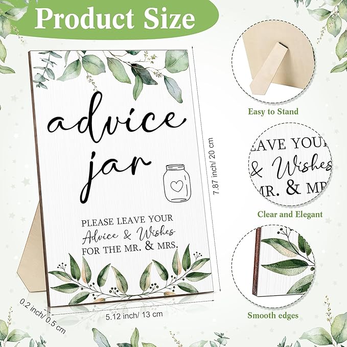 Sintuff 114 Pcs Advice and Wishes for The Mr and Mrs, Greenery Wedding Advice Jar, Green Leaves Bridal Shower Games, Advices and Wishes Cards and Sign for Bride and Groom, Wedding Games for Reception