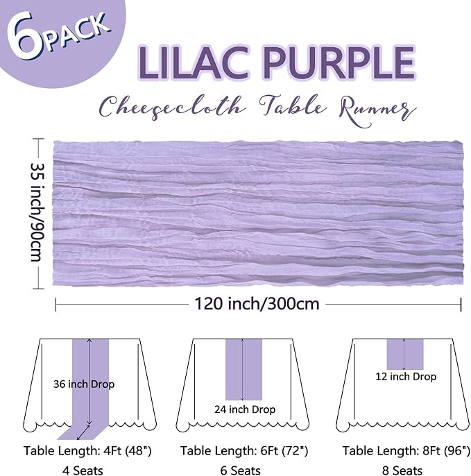 6 Pack Lilac Purple Cheesecloth Table Runner 10Ft Spring Lavender Gauze Cheese Cloth Table Runner 35x120 Inch Boho Sheer Rustic Fabric for Holiday Party Decor Baby Shower Wedding Home Decorations
