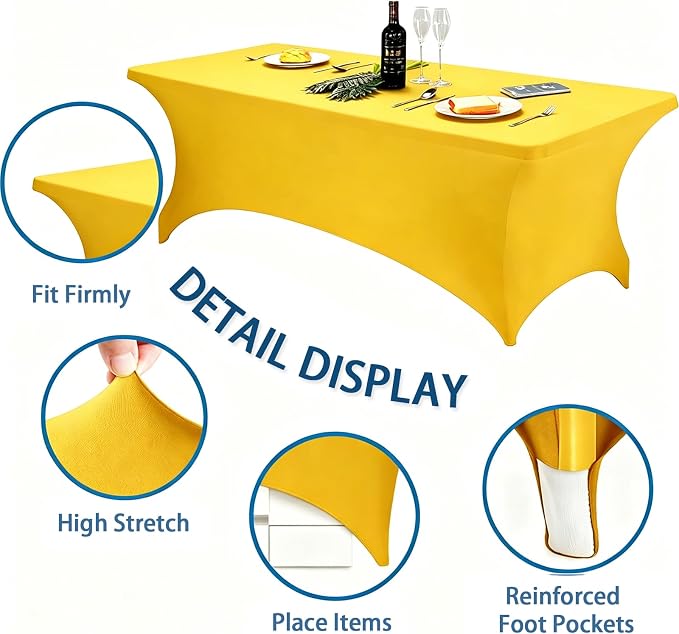 6FT Yellow Table Cloth - 2 Pack Fitted Stretch Rectangle Spandex Tablecloth, Washable Table Cover for Party, Picnic, Wedding, Banquet, Birthday and Festival(30" x 72")