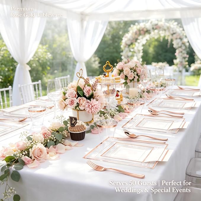 Festiva 350Pcs Rose Gold Plastic Plates - Clear Rose Gold Disposable Dinnerware Sets for 50Guests include 100 Plates 50 Cups 50Plastic Cutlery 50Napkins for Party&Wedding& Bridal Shower