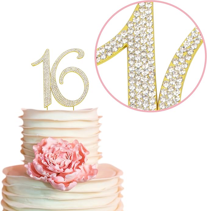 16 Cake Topper - Premium Gold Metal - Sweet 16 Birthday Party Sparkly Rhinestone Decoration Makes a Great Centerpiece - Now Protected in a Box