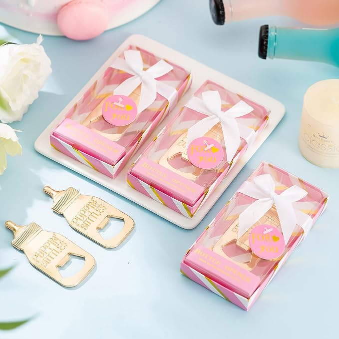 24 Baby Bottle Openers Baby Shower Favors, Gifts, Decorations, or Souvenir Guest Gift Boxes, Poppin Design for baby Girls (24 Pack Pink)