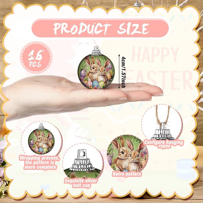 Outus 16 Pcs Easter Tree Ornaments Ball Easter Egg Hanging Ornaments Vintage Floral Egg Bunny Decorations Rustic Mini Retro Speckled Eggs Rabbit Hanging Ornament Spring Decor(1.6 Inch, Vintage)