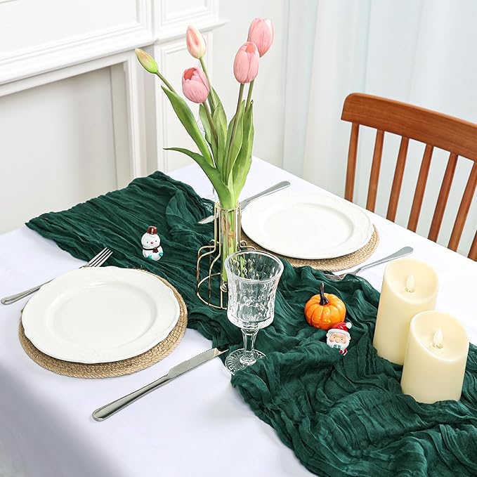 16 Pack Emerald Green Cheesecloth Table Runner 10ft Boho Gauze Fabric 120 Inch Cheese Cloth Table Runner Rustic Sheer for Holiday Baby Shower Party Décor Home Wedding Decoration